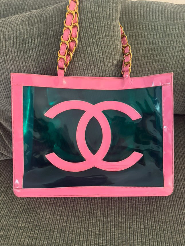 Chanel 1995 Transparent Pink Patent Leather CC Shopping Tote bag by Karl Lagerfeld