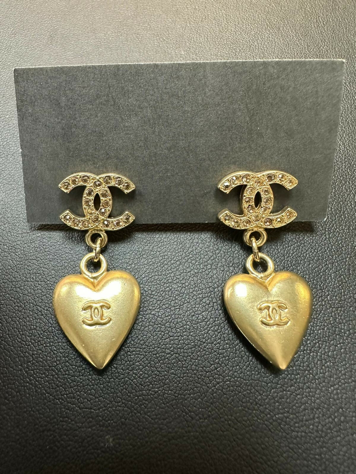 Chanel Vintage 2002 Rhinestone & Metal CC Heart Dangle Stud Earrings