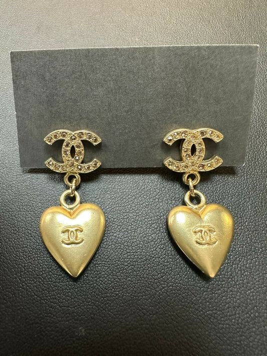 Chanel Vintage 2002 Rhinestone & Metal CC Heart Dangle Stud Earrings