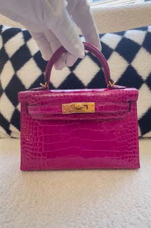 Hermes Mini Kelly 20 Rose Shehrazade shiny alligator gold hardware
