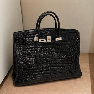 Hermes Birkin 50 Black shiny porosus crocodile leather palladium hardware