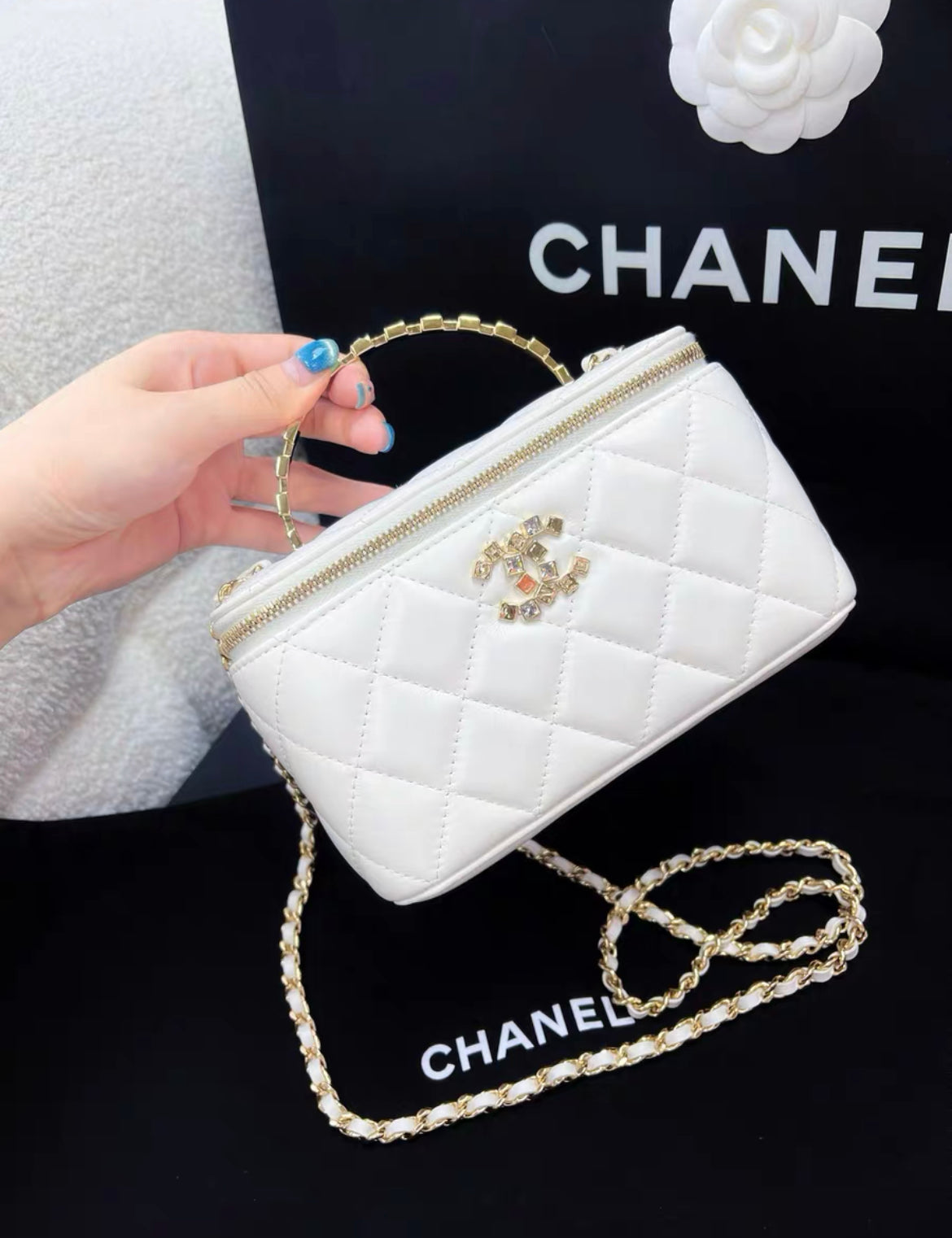 Chanel 24P white gold vanity case handle chain bag