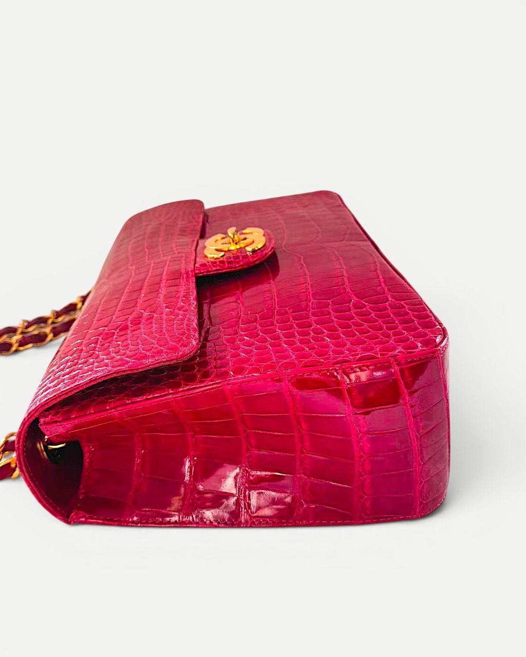 Chanel Red Shiny Crocodile Maxi flap with gold hardware