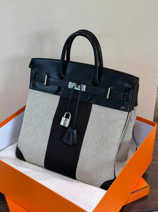 Hermès Birkin HAC 40 Club Black Swift & Ecru Toile Palladium hardware