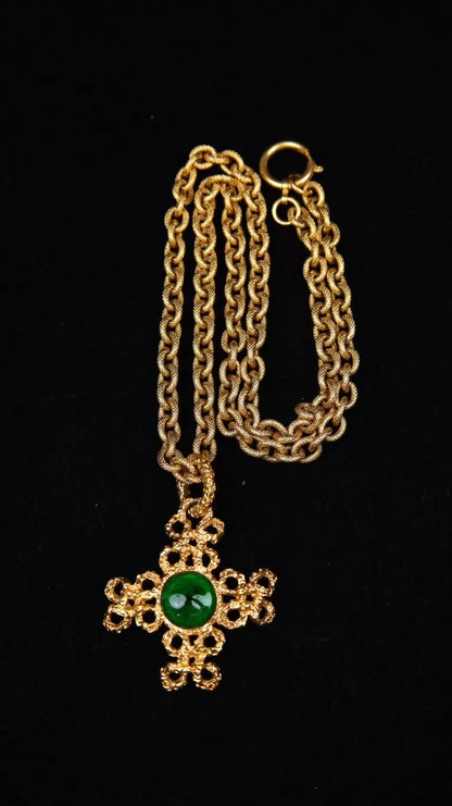 Chanel 1993 gold lava green glass cross necklace