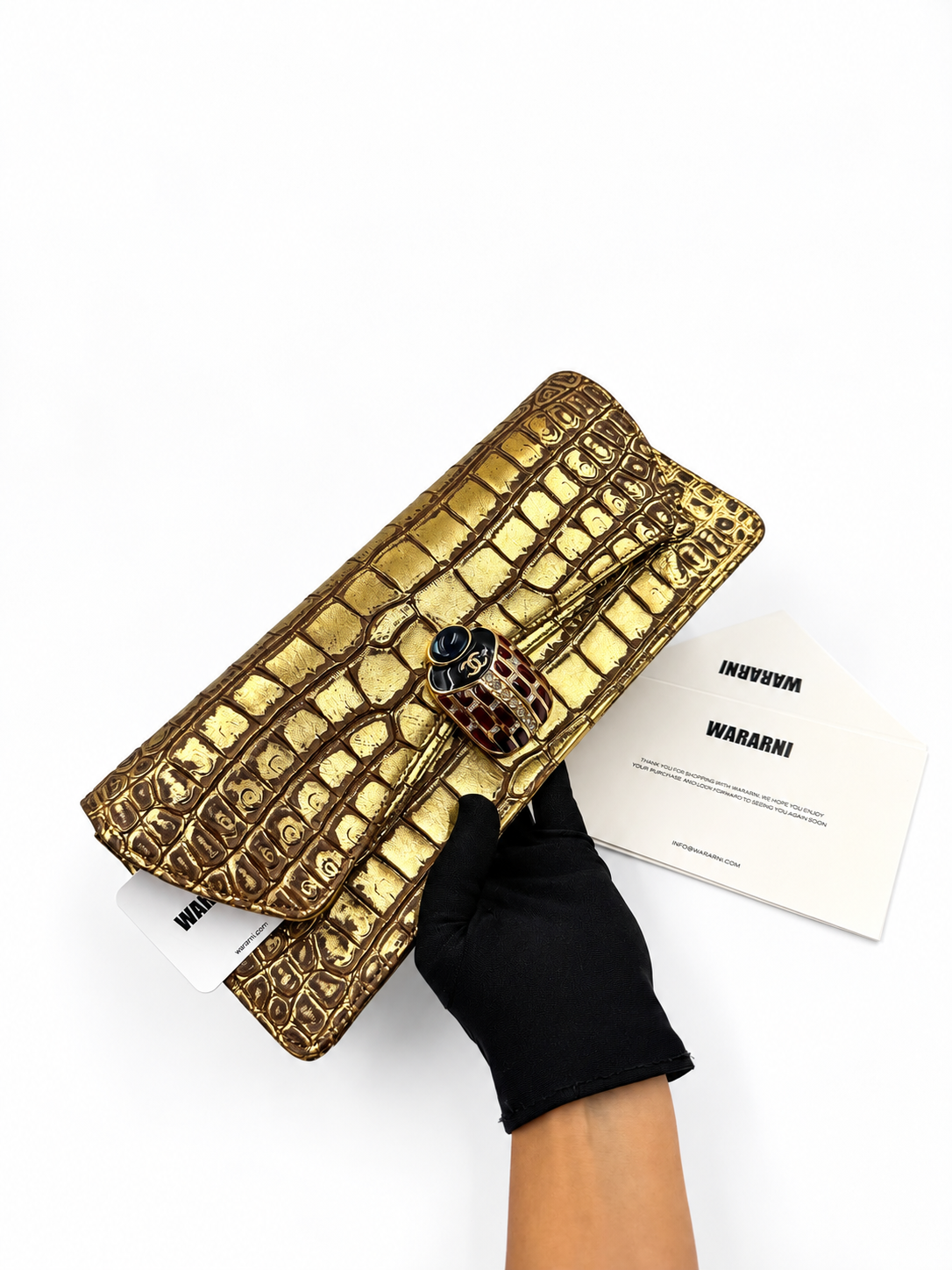 Chanel 19A Gold Crocodile Embossed Paris-New York Coco Scarab Ancient Egyptian Clutch Gold Hardware