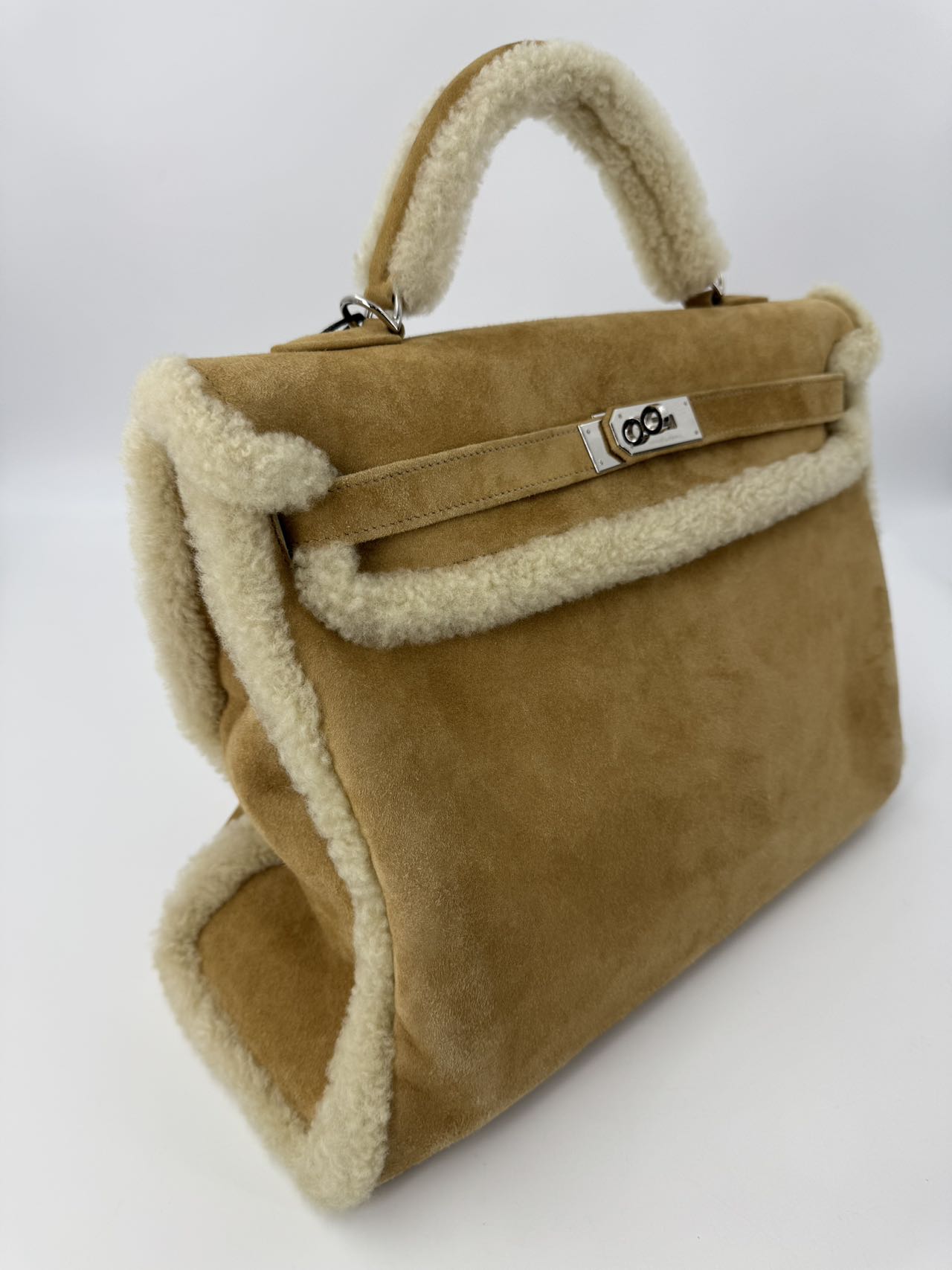 Hermes Kelly 40 Veau Doblis Suede Shearling Teddy Palladium Hardware