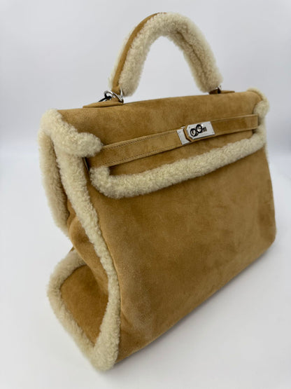 Hermes Kelly 40 Veau Doblis Suede Shearling Teddy Palladium Hardware