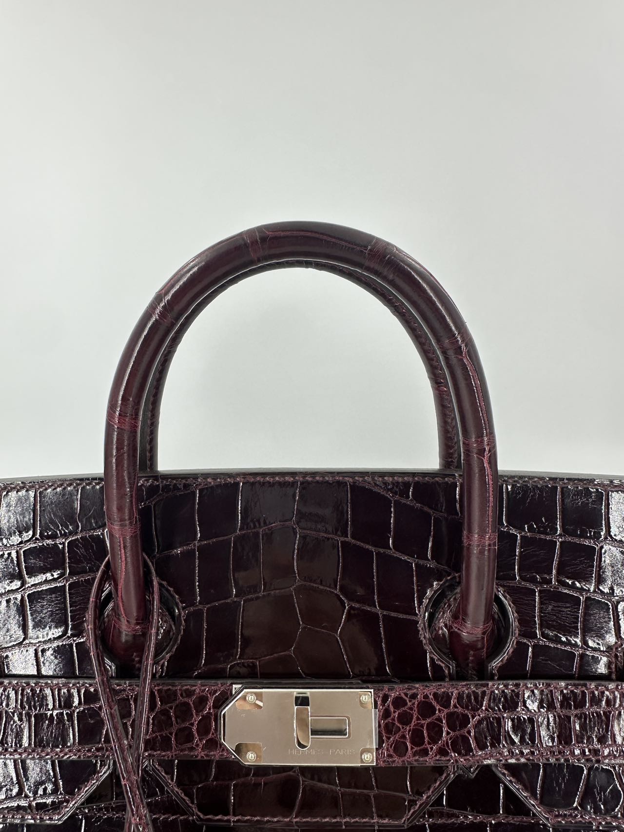 Hermes Birkin HAC 50 Bordeaux Shiny Crocodile leather palladium hardware