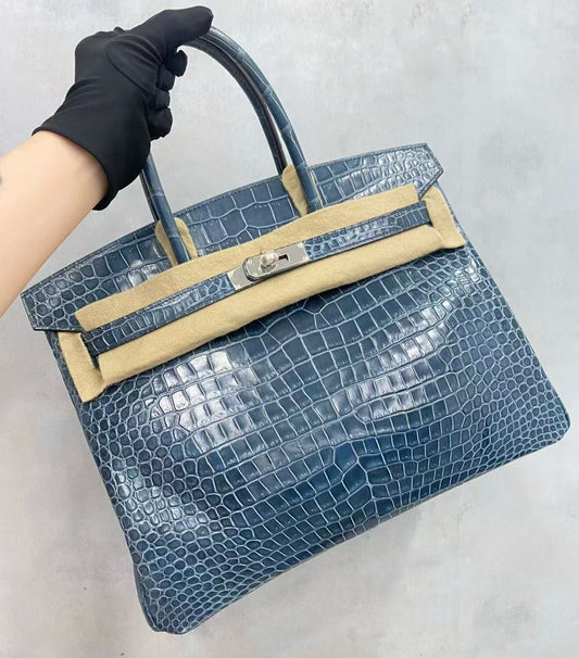 Hermès Birkin 35 blue tempete shiny porosus palladium hardware