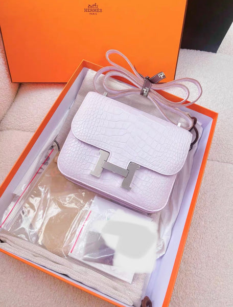 HERMES MATTE MAUVE PALE ALLIGATOR MINI CONSTANCE WITH PALLADIUM