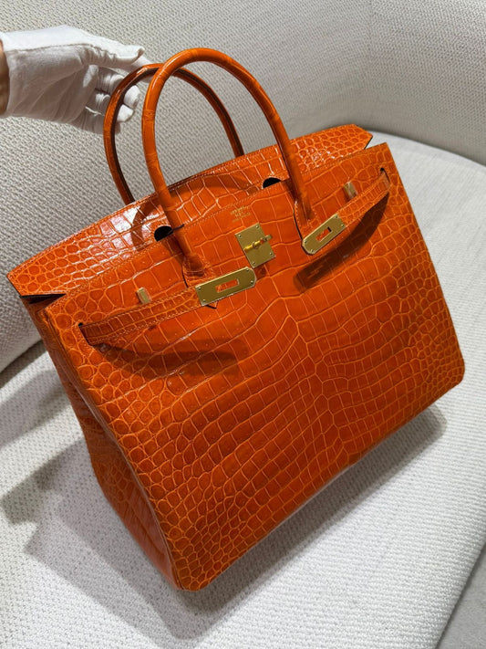 Hermes Birkin 40 Orange shiny porosus crocodile leather gold hardware