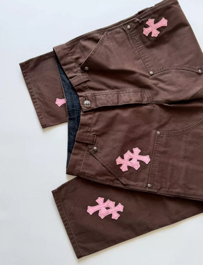 CHROME HEARTS PINK CROSS PATCH BROWN CARPENTER PANTS
