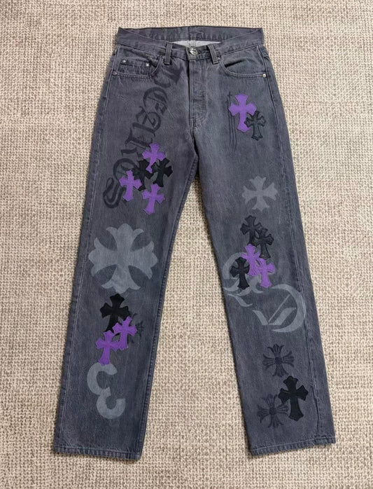 Chrome Hearts Black & Purple Spray-Painted Graffiti Cross Purple kings Jeans