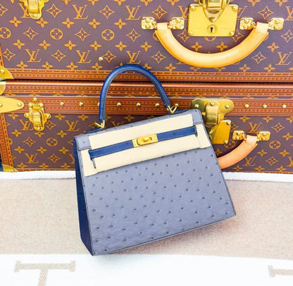 Hermes Kelly 25 Gris Agate/Bleu Iris HSS Ostrich Leather Gold Hardware