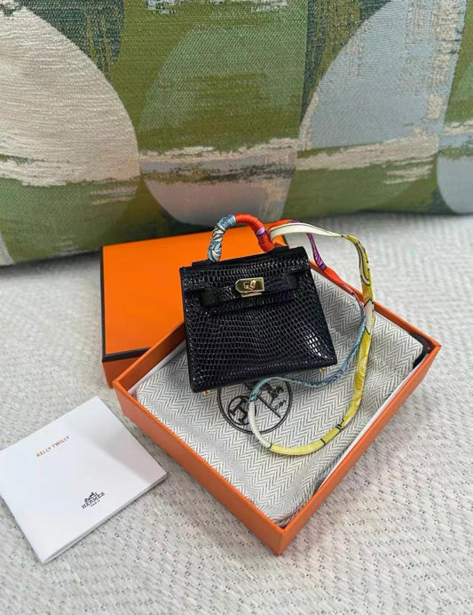 HERMES MICRO KELLY TWILLY BAG CHARM BLACK LIZARD GOLD HARDWARE