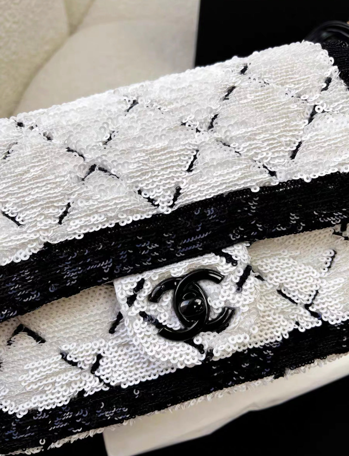 Chanel 24P Large Flap Bag Sequins & Black Metal, White & Black