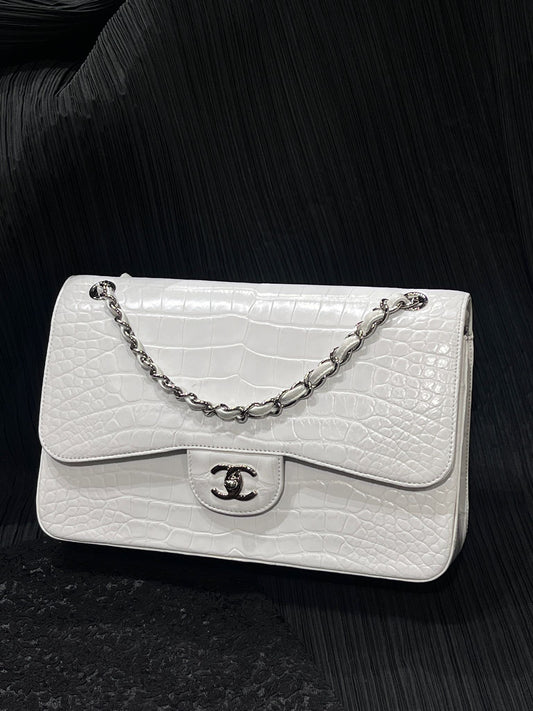 Chanel White Matte Crocodile Leather Maxi Flap Silver hardware