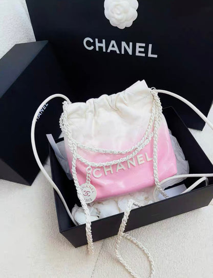 24S Chanel 22 Mini Handbag Patent calf leather with gradient and lacquered metal, White & Light Pink