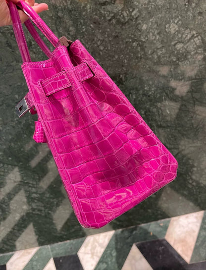 HERMÈS Birkin 30 Rose Scheherazade (J5) Shiny Niloticus Crocodile Palladium hardware