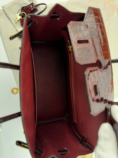 Hermes Birkin 25 Red Bordeaux shiny crocodile leather gold hardware