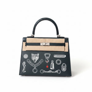 Hermes Kelly 25 Broderie Inventaire Poetique black chèvre leather palladium hardware (Brand new 2026)