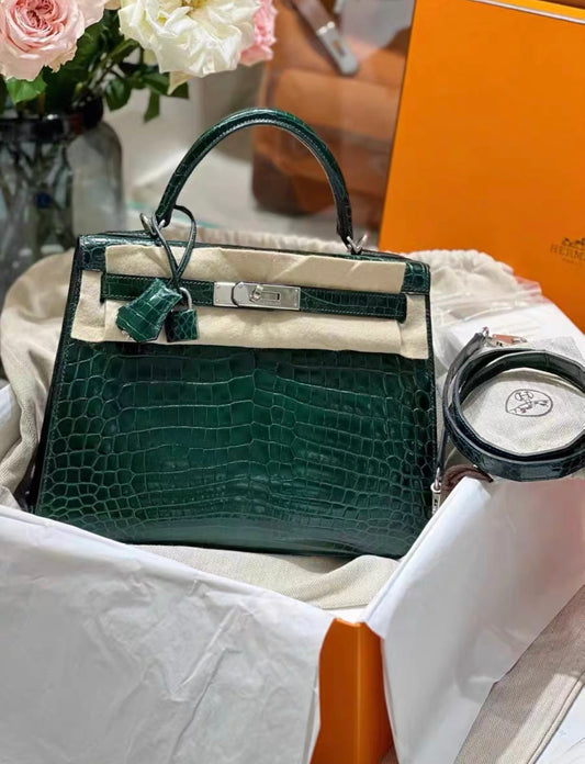 HERMÈS KELLY 28 SELLIER EMERALD SHINY CROCODILE PALLADIUM HARDWARE