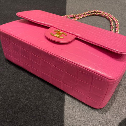 Super Rare Chanel Medium flap Pink Barbie Matte Crocodile leather with gold hardware