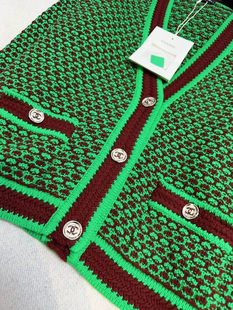 Chanel 23A Green Bordeaux Cardigan