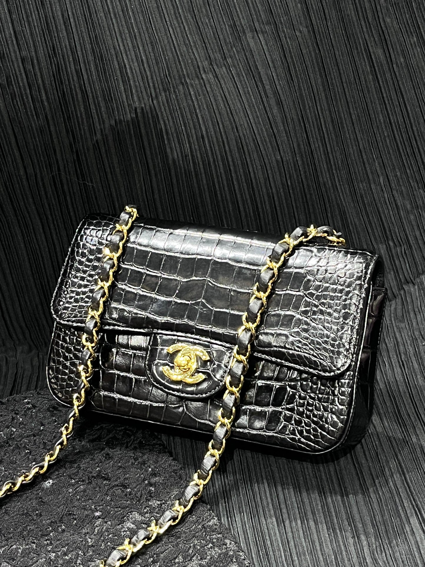 Chanel black Matte Crocodile medium flap gold hardware
