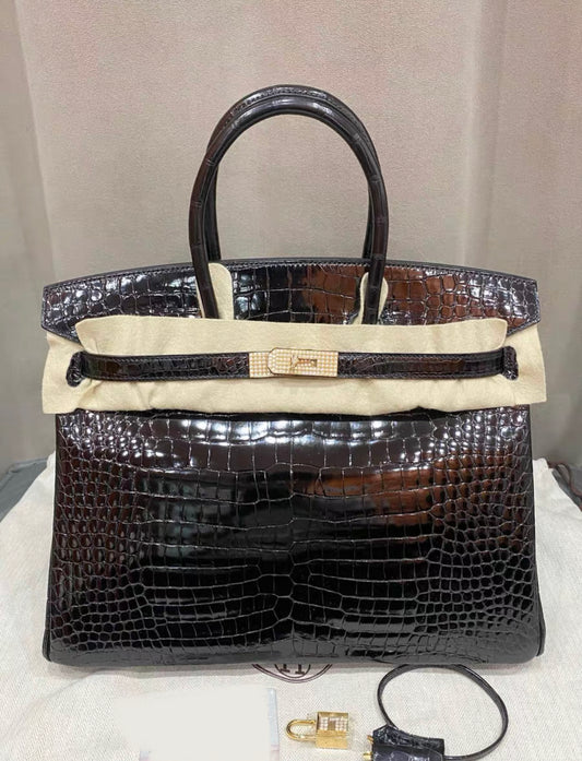 Hermes Birkin 35 Black Porosus Crocodile with Diamonds & Gold Hardware