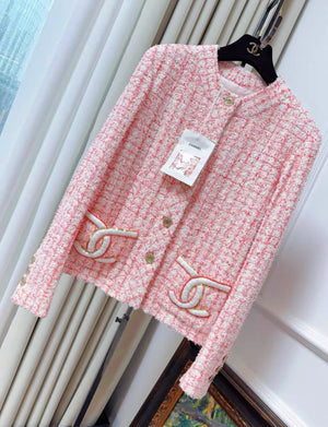 Chanel 24P pink and white double C pocket jacket