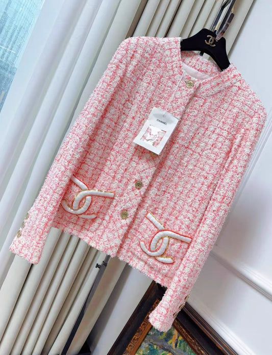 Chanel 24P pink and white double C pocket jacket