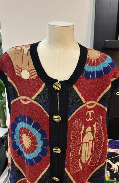 Chanel 19A Red 
Blue Cashmere Cardigan