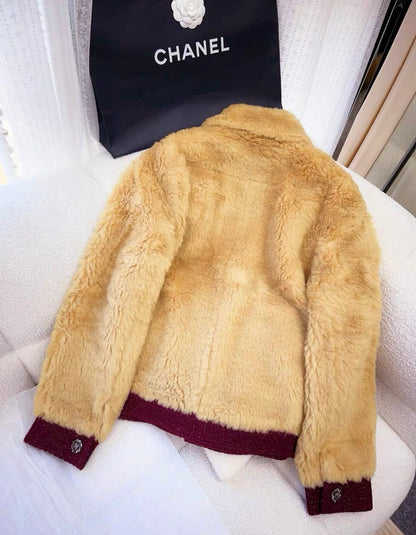 Chanel 22K silk fur jacket in beige and burgundy size 38