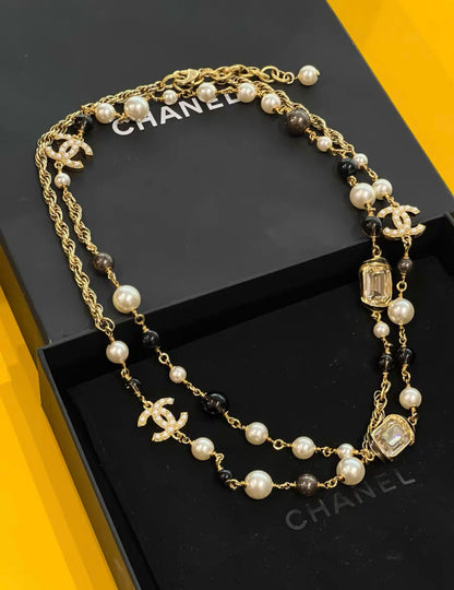 Chanel 22A Long Pearl CC Gem Stone Necklace