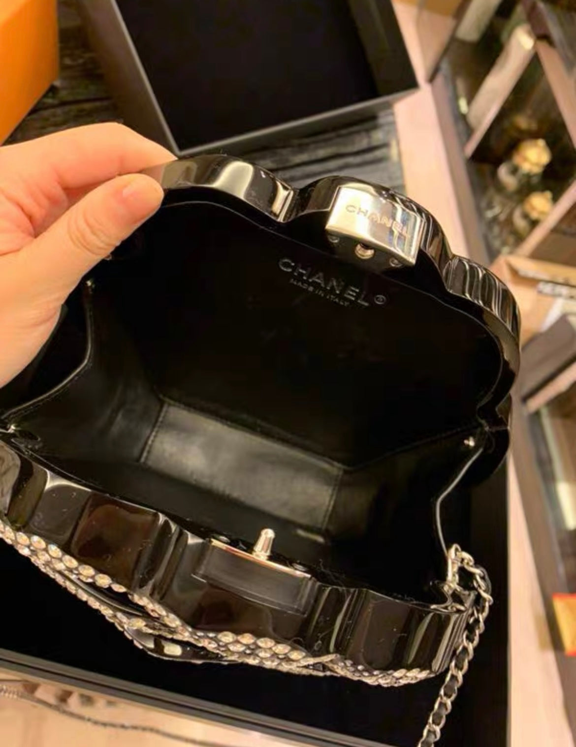 Chanel Strass and Resin Camellia Evening Clutch Bag Silver