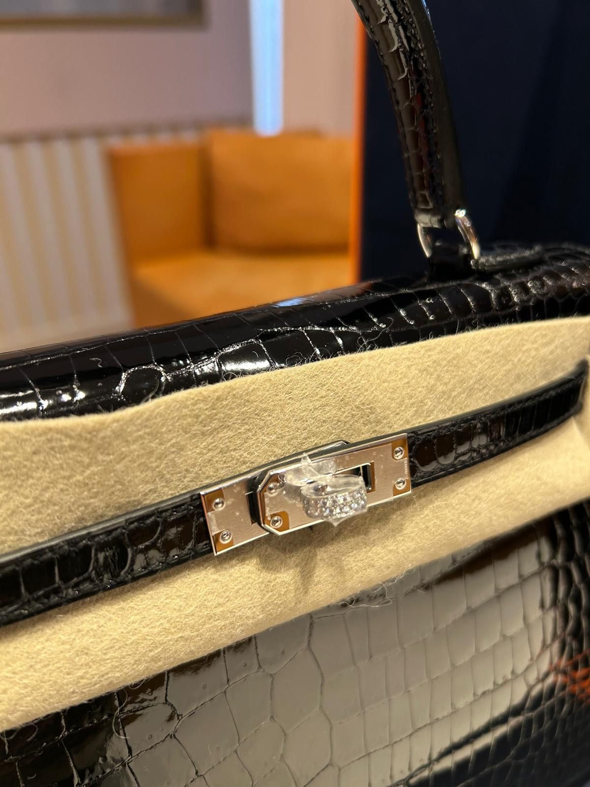 HERMES KELLY 25 MIDAS SHINY BLACK POROSUS CROCODILE SELLIER WITH 18K WHITE GOLD HARDWARE & DIAMOND HANDLE