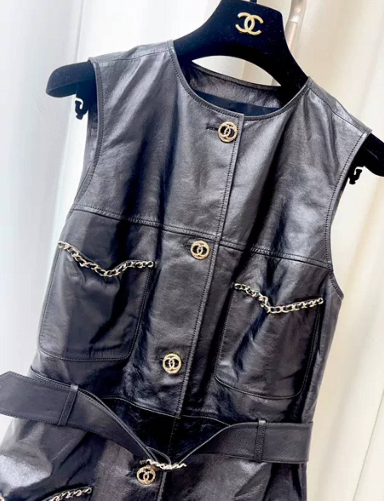 Chanel 23B Long Four-Pocket Leather Chain Jacket with Belt