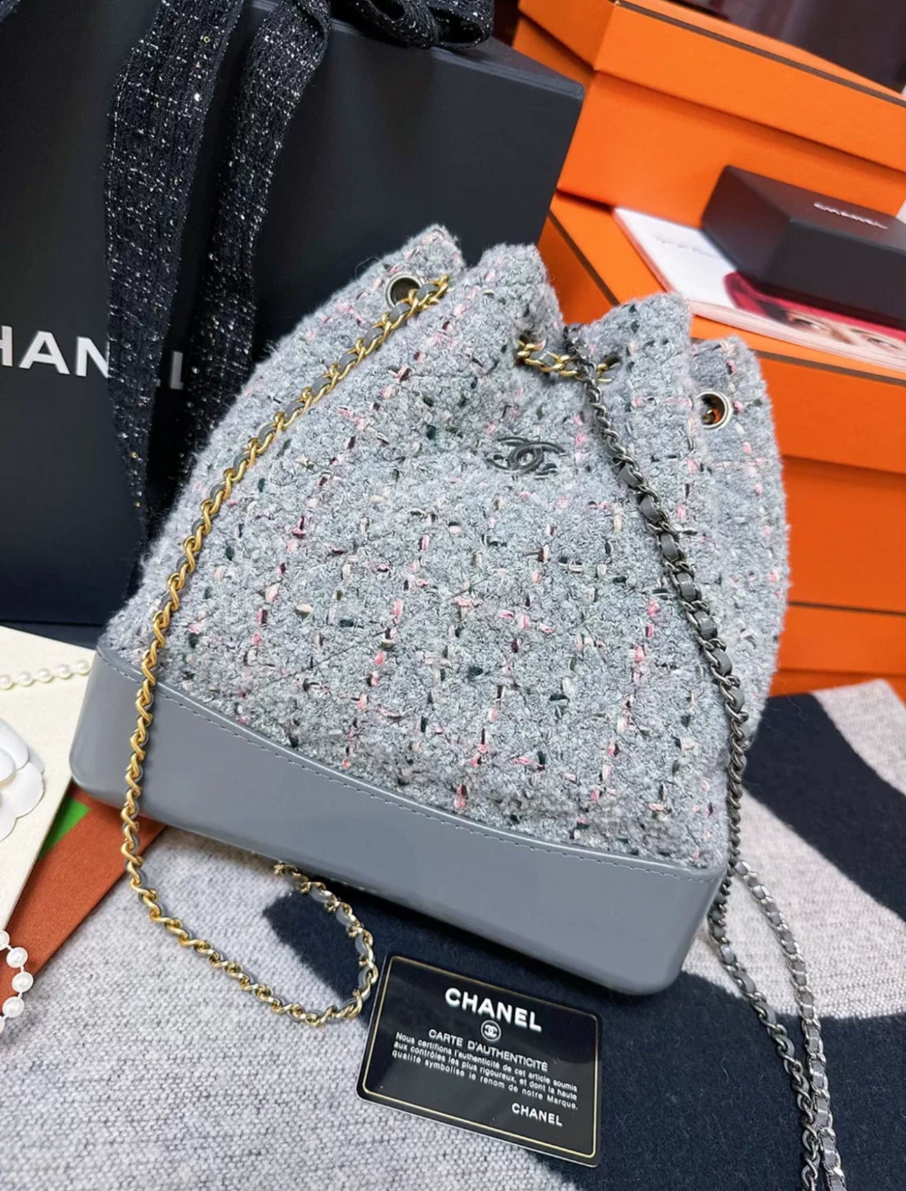 Chanel 17A Gray Multicolour tweed hobo backpack