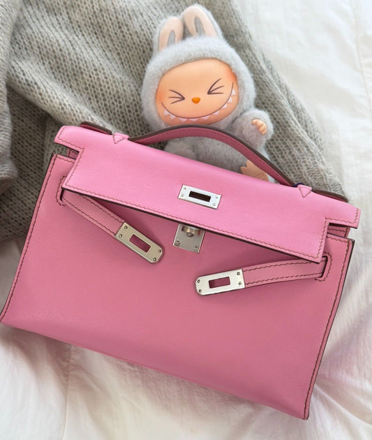 Hermes Kelly Pochette Pink Bubblegum Swift leather Palladium hardware