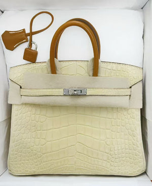 Rare Hermes Birkin 25 vanilla matte alligator with brown handle palladium hardware