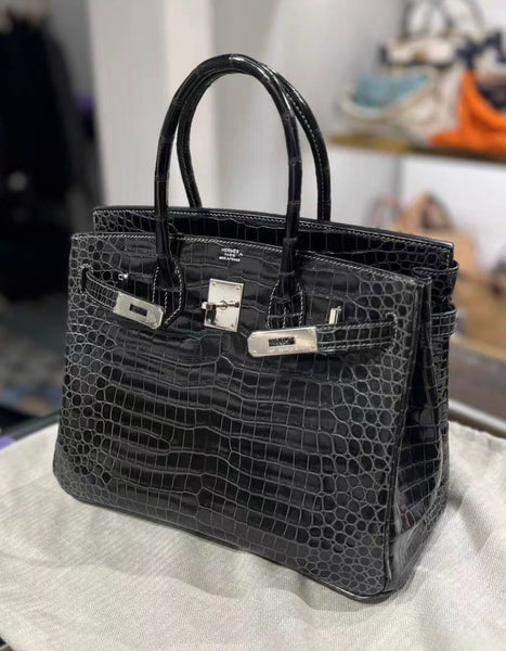 Hermès Birkin 30 Black Matte Crocodile with white stitching and