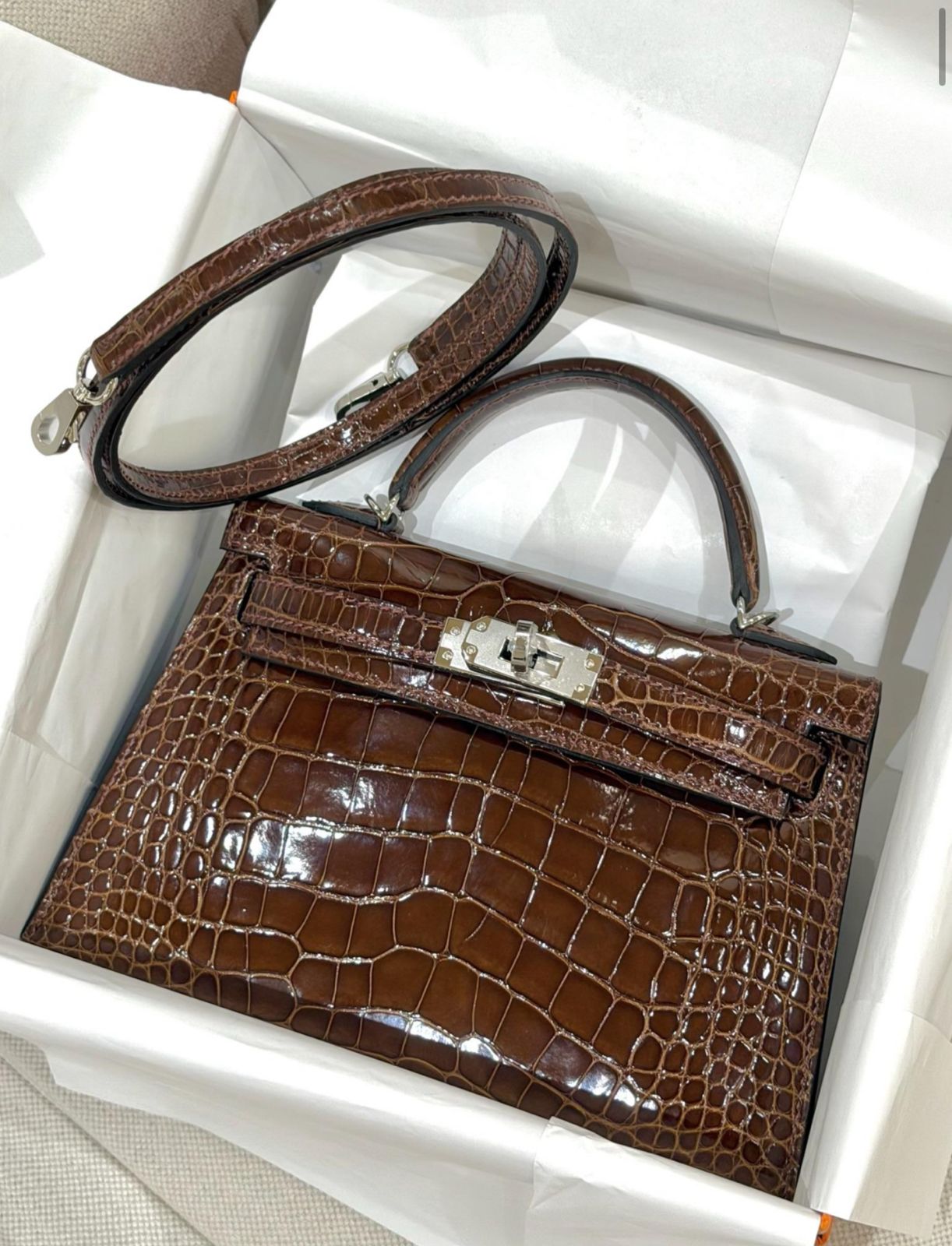 Hermes Mini Kelly 20 Miel Shiny Alligator Palladium hardware