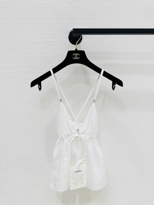 Chanel 25p white top with pearl laces
