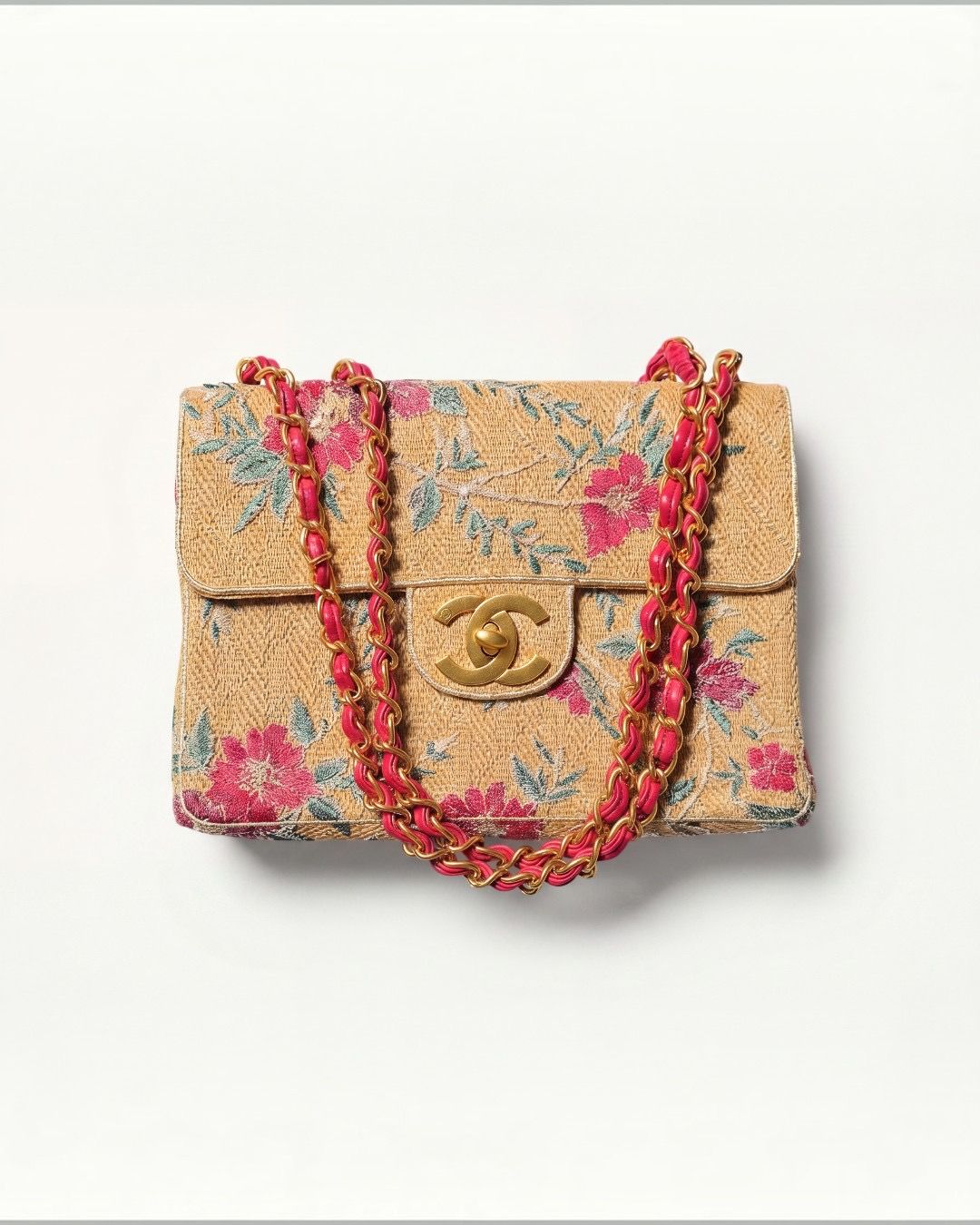 Chanel 1995 Raffia Jumbo flap bag with Red/Green/Gold embroidery and gold hardware red leather chain