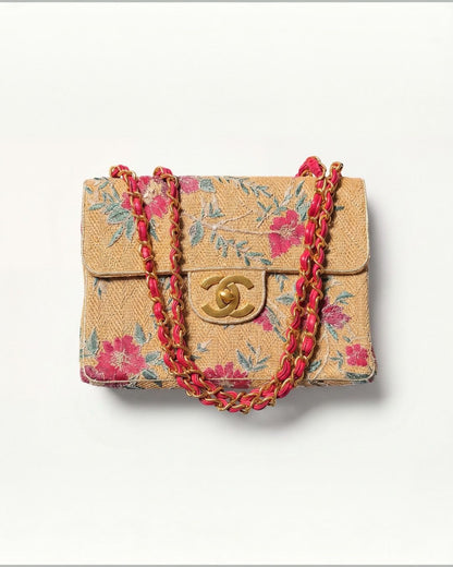 Chanel 1995 Raffia Jumbo flap bag with Red/Green/Gold embroidery and gold hardware red leather chain