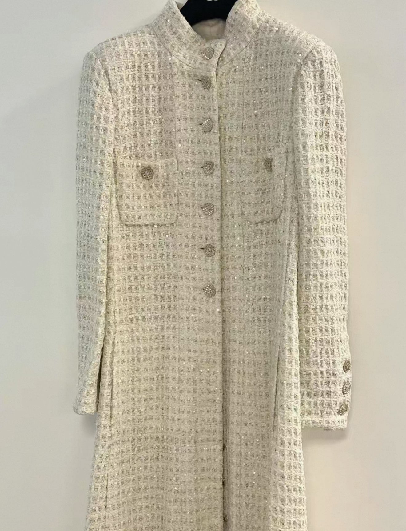 Chanel 22A White écru Sequinned Long Coat 42FR