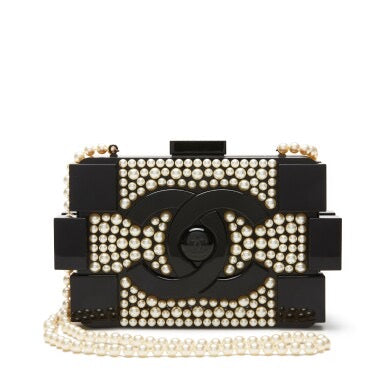 Chanel Black Lucite and White Pearl Lego Brick Clutch Black Hardware, 2014