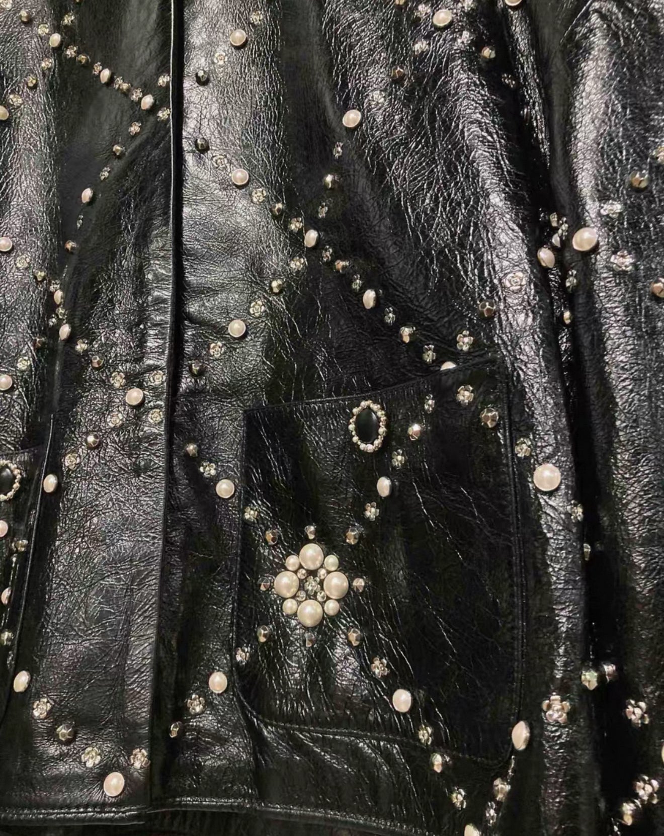 Chanel 21A black leather Jacket with Pearls & Rhinestones
